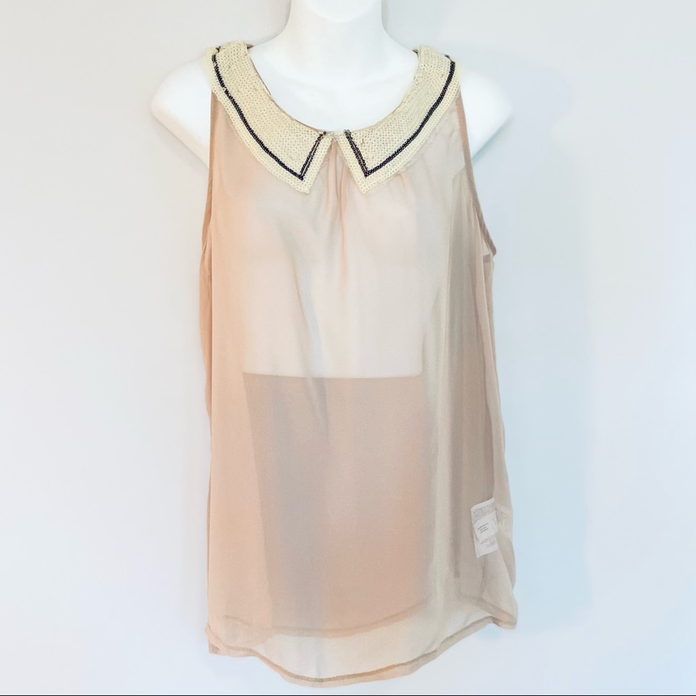 BONGO Sheer Sequin Tulle Neck Raw Hem Collar Chiffon Cream See Tru Blouse Tank